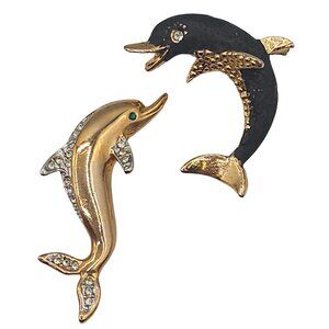 VTG 2PC Dolphin Brooch Set Gold Tone Rhinestones Black Enamel Beachy Island Pins